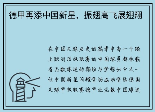 德甲再添中国新星，振翅高飞展翅翔